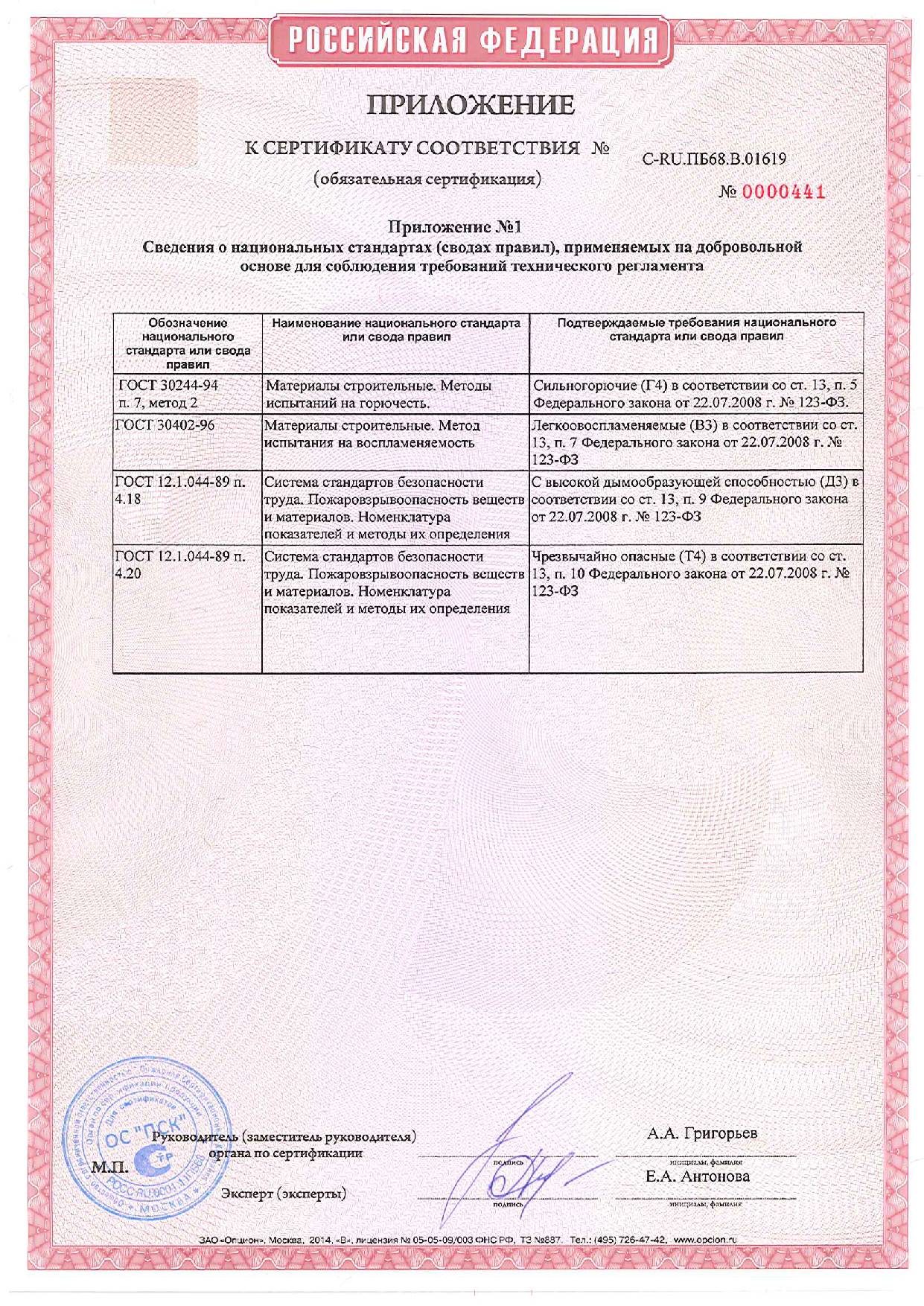 Приложение к Сертификату соответствия (обязательная сертификация) 2. Страница 2.